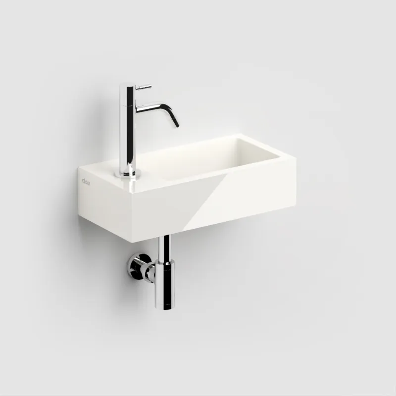 Uitverkoop Clou - Flush 3 Fontein Links 36cm, Met Voorbewerkt Kraangat, Met Afvoerplug, Glanzend Wit Mineral Marmer
