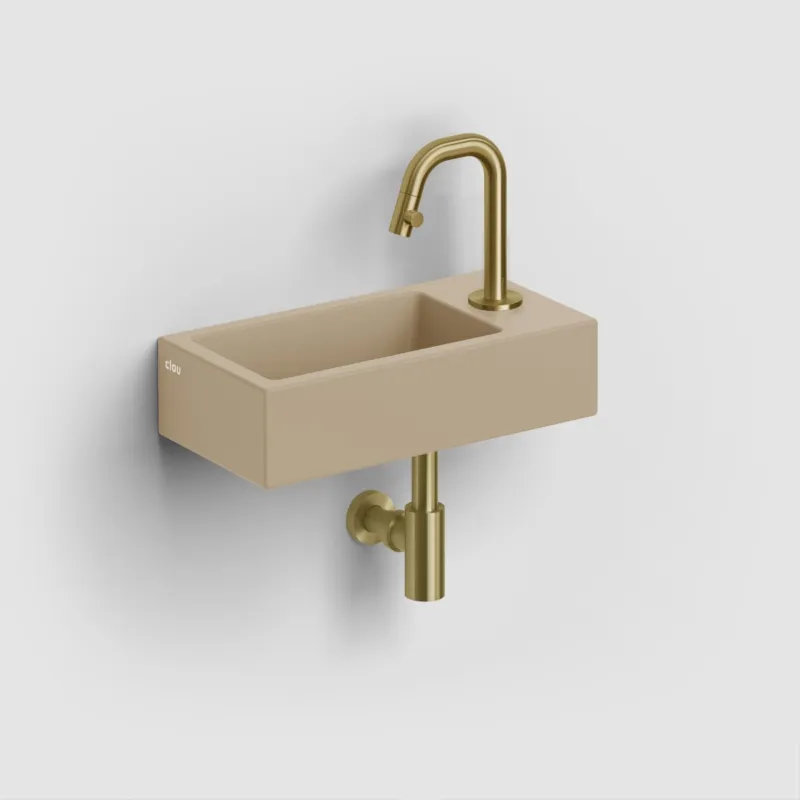 Clou - Flush 3 Fontein Rechts 36cm, Met Kraangat, Met Afvoerplug, Mat Mosterd Keramiek Finale Uitverkoop