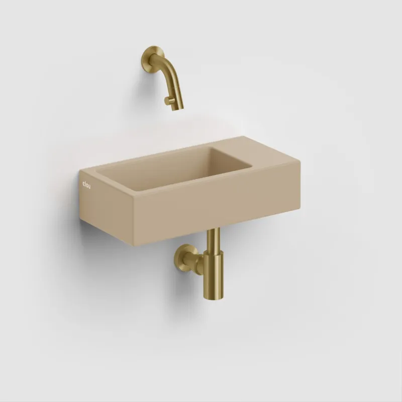 Clou - Flush 3 Fontein Rechts 36cm, Zonder Kraangat, Met Afvoerplug, Mat Mosterd Keramiek Betaalbaar