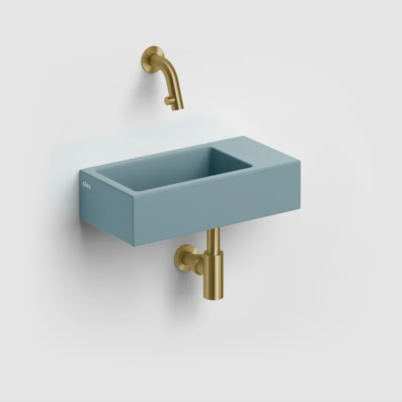 Rechtstreeks Van De Fabrikant Clou - Flush 3 Fontein Rechts 36cm, Zonder Kraangat, Met Afvoerplug, Mat Blauw Keramiek
