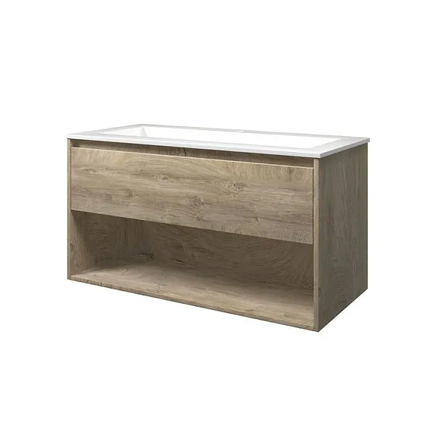 Wastafel polystone Elegant 100x46x2 |2 Kraangaten | Onderkast 1 lade met open schap 100x46x52 Gratis Retour