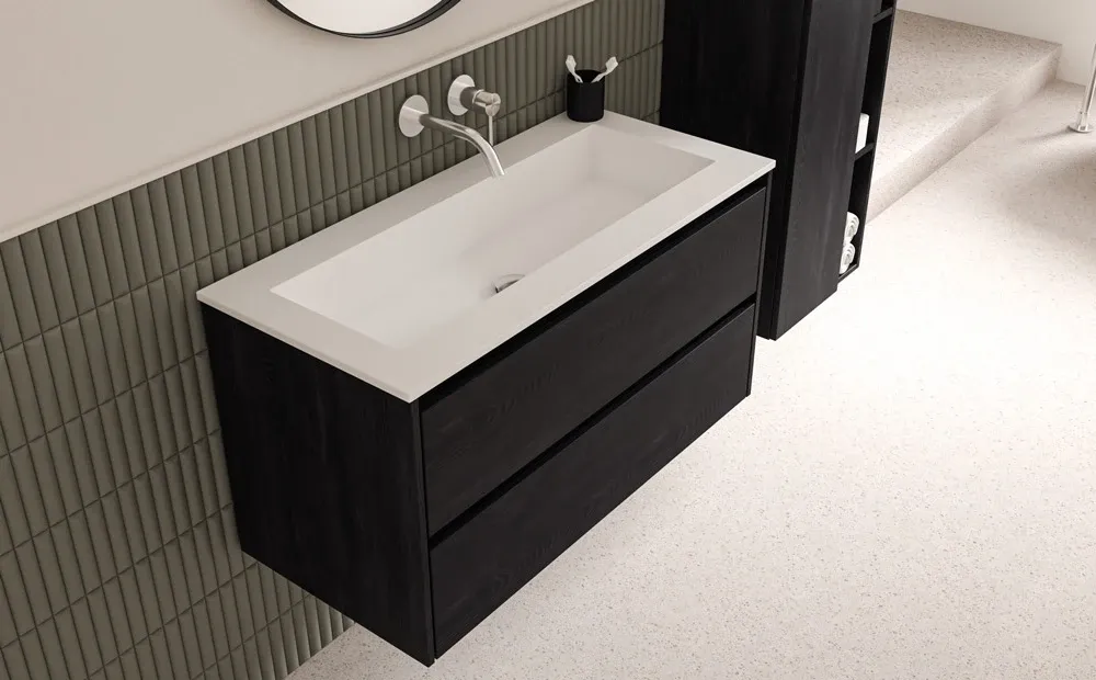 Wastafel polystone Elegant 100x46x2 | 1 Kraangaten| Glans wit Onderkast 2 laden symmetrisch | 100x46x52 Rechtstreeks Van De Fabrikant