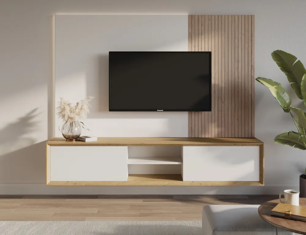 TV Meubel Iris | Hangend / Zwevend | Massief Eiken Ombouw Verjongde Zijde Snelle Levering