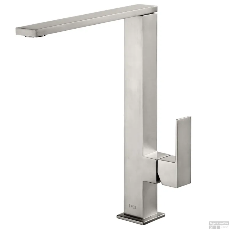 Wastafelmengkraan Tres Cuadro Exclusive 1-Hendel Hoog Uitloop Recht 28 cm Vierkant RVS Laatste Kans