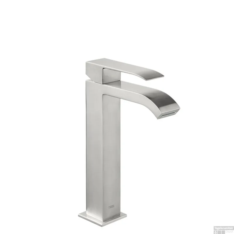 Wastafelmengkraan Tres Cuadro Exclusive 1-Hendel Uitloop Gebogen Hoog 24 cm met Waterval Vierkant RVS Beste Prijs
