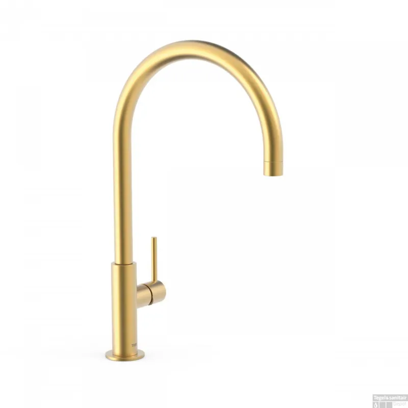 Hoge Kwaliteit Keukenmengkraan Tres Study Exclusive 1-Hendel Uitloop Gebogen 26 cm Rond Mat Goud