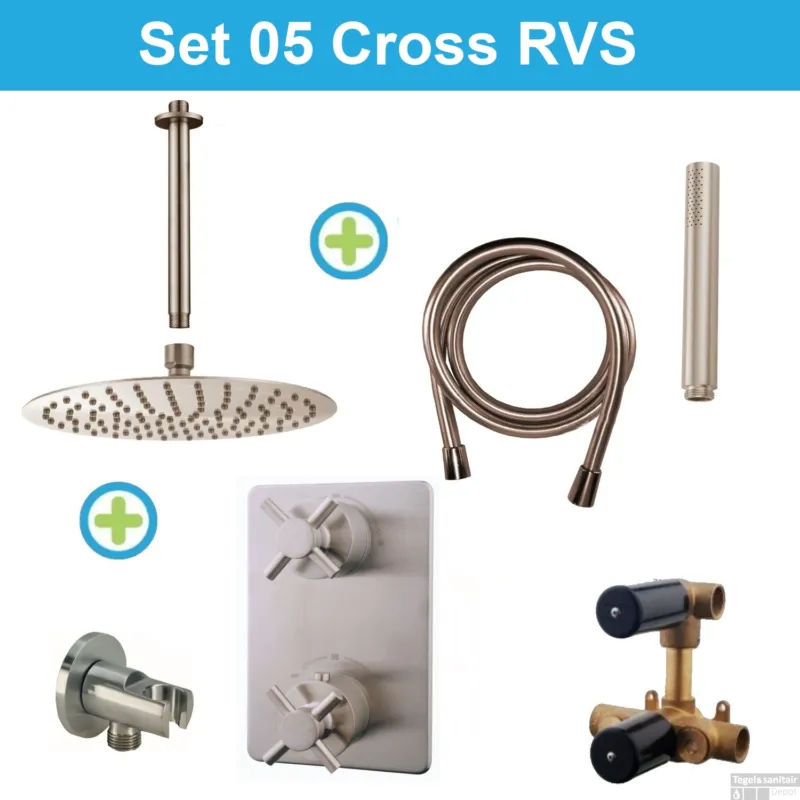 Wiesbaden Inbouw Regendouche Set 05 Cross Plafonduitloop RVS Direct Verzonden