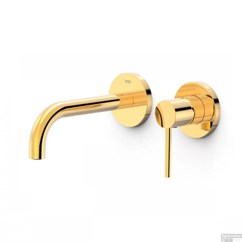 Aanbieding Wastafelmengkraan Inbouw Tres Study Exclusive 2-Gats Gebogen Uitloop 18 cm en Hendel Goud