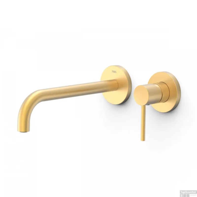 Wastafelmengkraan Inbouw Tres Study Exclusive 2-Gats Gebogen Uitloop 24 cm en Hendel Mat Goud Direct Verzonden
