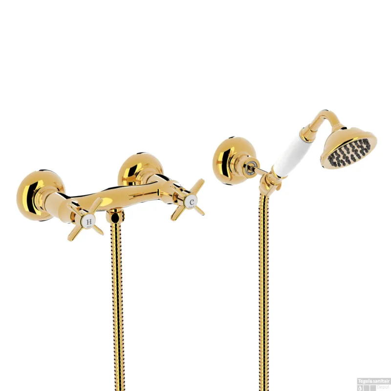 Dagaanbieding Douchemengkraan Tres Clasic 2 Kruisgreep Incl Handdouche en Doucheslang Goud