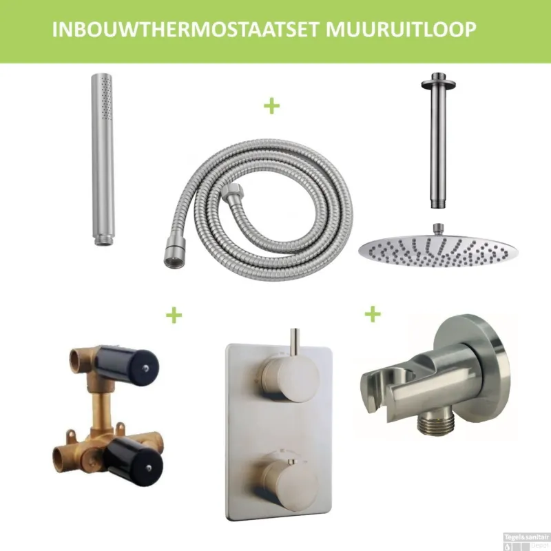 Thermostatisch Inbouwdoucheset BWS Plafonduitloop Rond 20 cm Geborsteld RVS Aanbieding