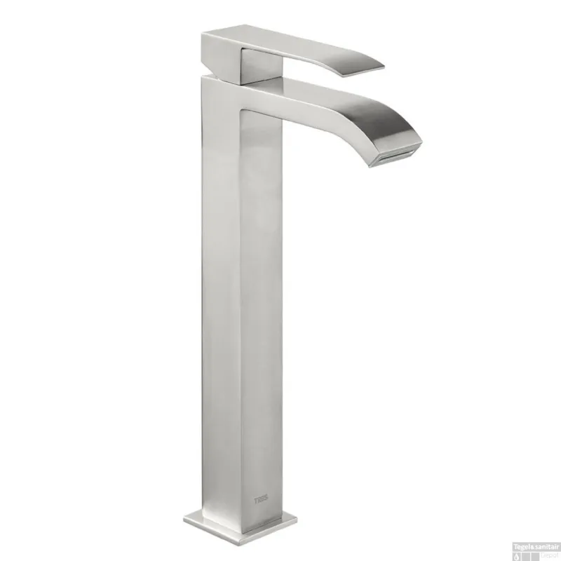 Wastafelmengkraan Tres Cuadro Exclusive 1-Hendel Uitloop Gebogen Hoog 32 cm met Waterval Vierkant RVS Aanbieding