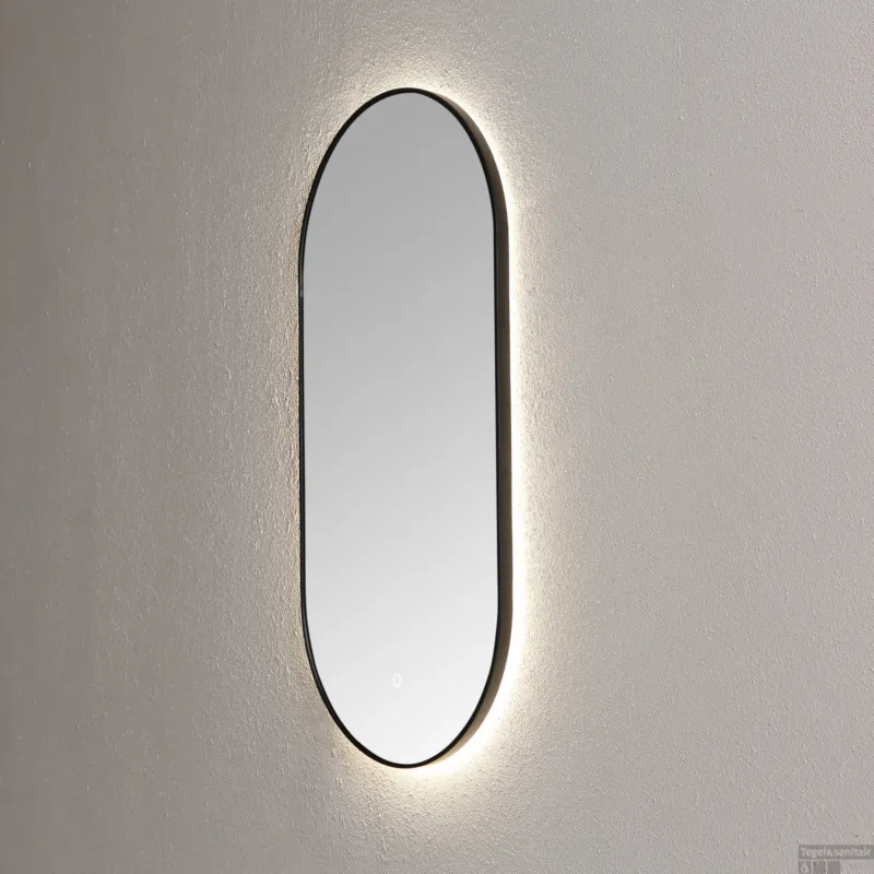 Finale Uitverkoop Spiegel Sanilux Ovaal Met Direct LED 3 Kleuren Instelbaar & Spiegelverwarming 90x45 cm Mat Zwart