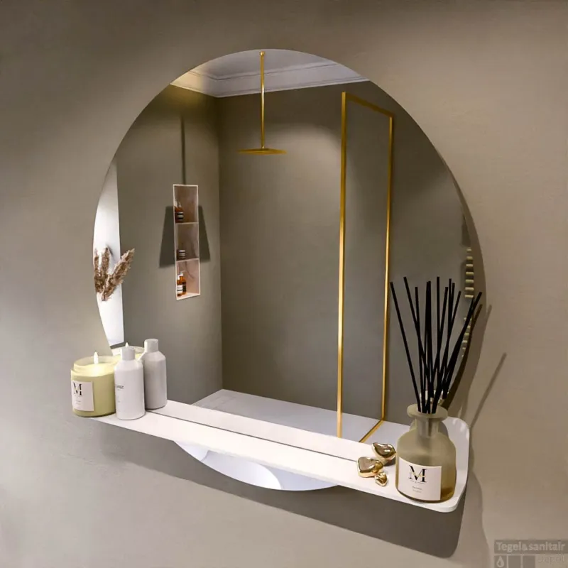 MONDIAZ SPOT spiegel rond 90cm met Spiegelplanchet kleur Talc. Gecertificeerd