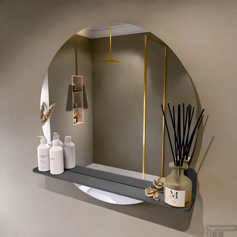 Snelle Levering MONDIAZ SPOT spiegel rond 80cm met Spiegelplanchet kleur Dark Grey.