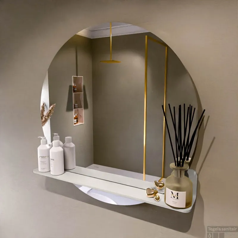 Snelle Levering MONDIAZ SPOT spiegel rond 80cm met Spiegelplanchet kleur Linen.