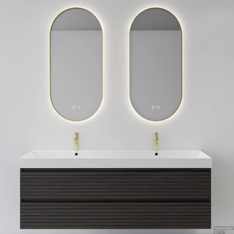 Spiegelcombinatie BWS 2x Thyreos 40x100cm Ovaal Met Rand Mat Goud LED Verlichting & Geintegreerde Spiegelverwarming Favoriet