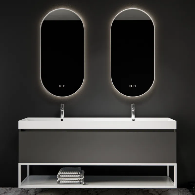 Fabrieksprijs Spiegelcombinatie BWS 2x Thyreos 40x100cm Ovaal Met Rand Mat Wit LED Verlichting & Geintegreerde Spiegelverwarming