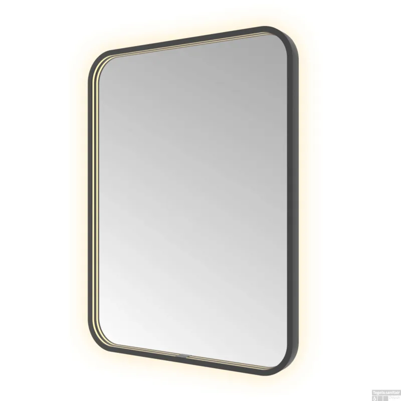 Spiegel Hotbath &MORE 80x60 cm LED-Verlichting Spiegelverwarming Rechthoek Afgerond Geborsteld Zwart PVD Exclusieve Aanbieding