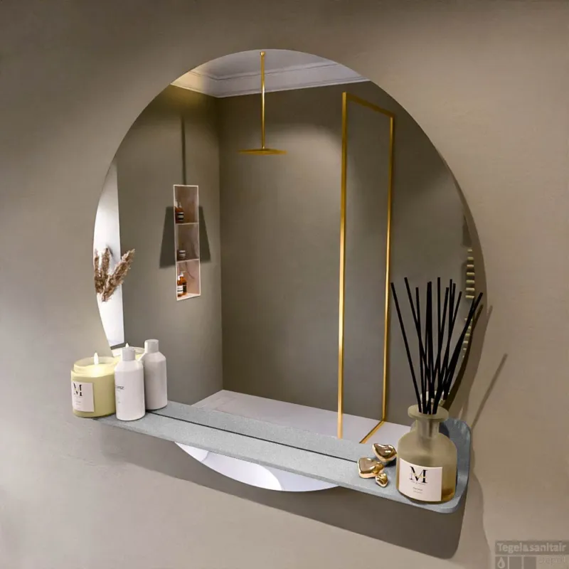 MONDIAZ SPOT spiegel rond 90cm met Spiegelplanchet kleur Plata. Uitverkoop