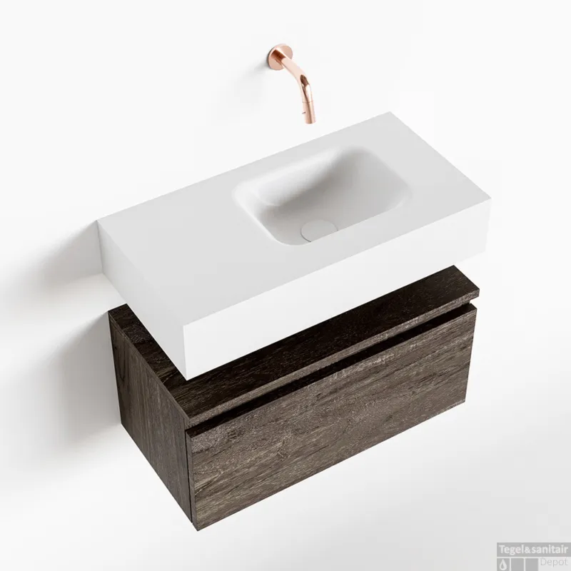 MONDIAZ ANDOR 60cm toiletmeubel dark brown. LEX 60cm wastafel talc rechts geen kraangat Meest Verkocht