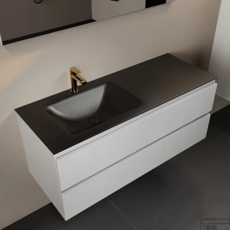 MONDIAZ AIVY 120cm badmeubel Talc, wastafel Urban solid surface links 1 kraangat (AI-351631URBAN-SI - AI-M120TALI) Direct Verzonden