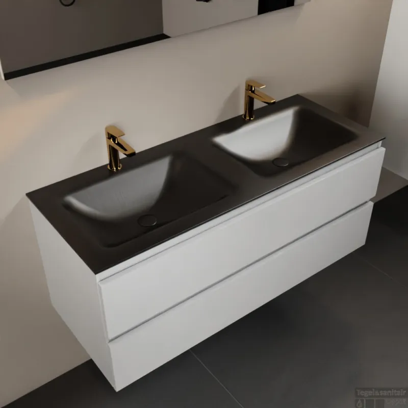 MONDIAZ AIVY 120cm badmeubel Talc, wastafel Urban solid surface dubbel 2 kraangaten (AI-351651URBAN-SI - AI-M120TADU) Nieuw