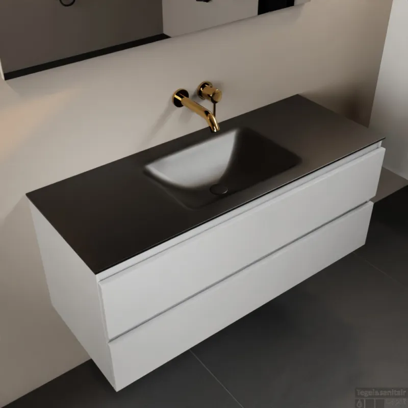 Favoriet MONDIAZ AIVY 120cm badmeubel Talc, wastafel Urban solid surface midden zonder kraangat (AI-351621URBAN-NO - AI-M120TAMI)