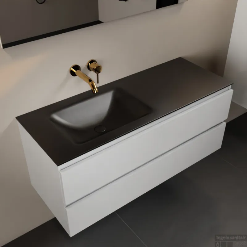 MONDIAZ AIVY 120cm badmeubel Talc, wastafel Urban solid surface links zonder kraangat (AI-351631URBAN-NO - AI-M120TALI) Superprijs