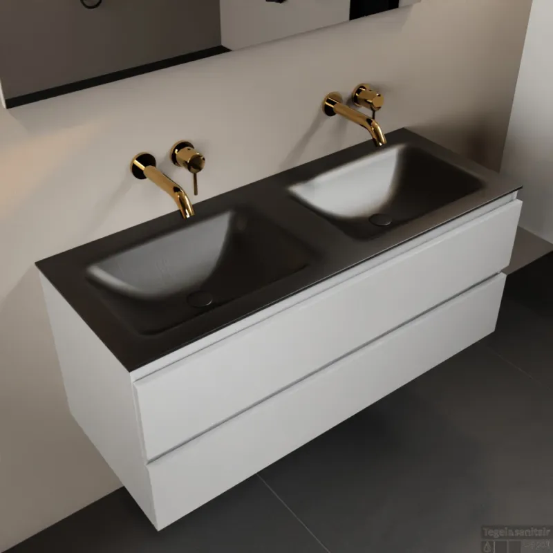 Beste Prijs MONDIAZ AIVY 120cm badmeubel Talc, wastafel Urban solid surface dubbel zonder kraangat (AI-351651URBAN-NO - AI-M120TADU)