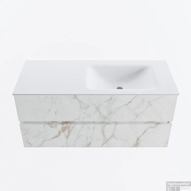 Express Levering MONDIAZ VICA 110cm badmeubel onderkast Carrara 2 lades. Wastafel CLOUD rechts 1 kraangat, kleur Talc.