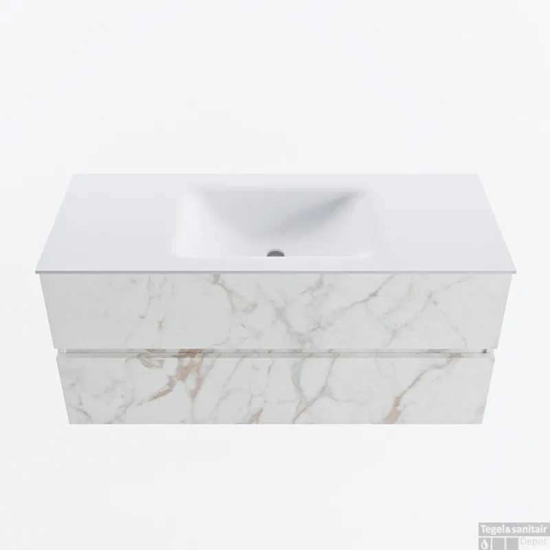 MONDIAZ VICA 110cm badmeubel onderkast Carrara 2 lades. Wastafel CLOUD midden zonder kraangat, kleur Talc. Superprijs