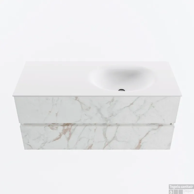 Must-Have MONDIAZ VICA 110cm badmeubel onderkast Carrara 2 lades. Wastafel MOON rechts zonder kraangat, kleur Talc.