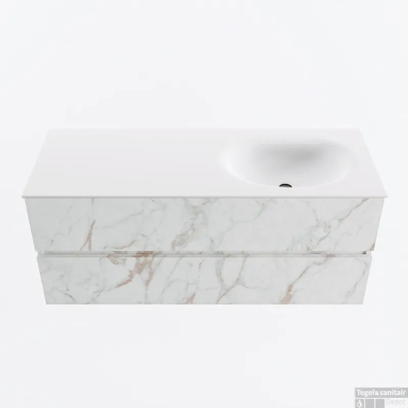 MONDIAZ VICA 120cm badmeubel onderkast Carrara 2 lades. Wastafel MOON rechts zonder kraangat, kleur Talc. Betrouwbaar