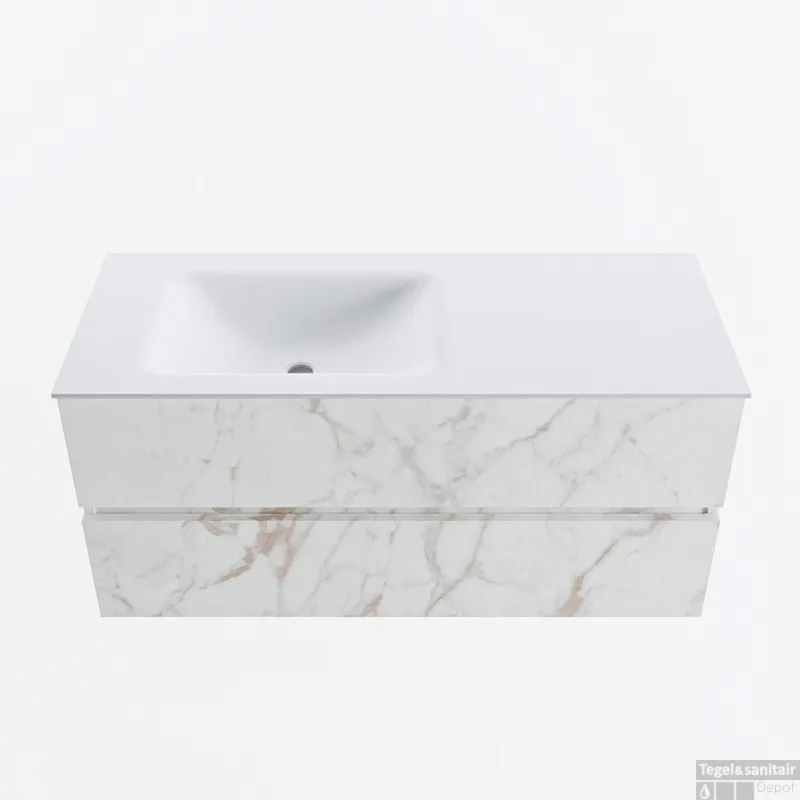 MONDIAZ VICA 110cm badmeubel onderkast Carrara 2 lades. Wastafel CLOUD links zonder kraangat, kleur Talc. Betaalbaar