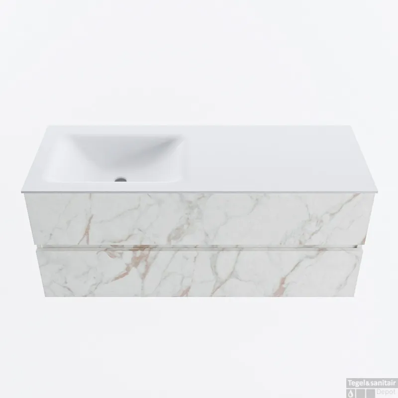 Laatste Versie MONDIAZ VICA 120cm badmeubel onderkast Carrara 2 lades. Wastafel CLOUD links 1 kraangat, kleur Talc.