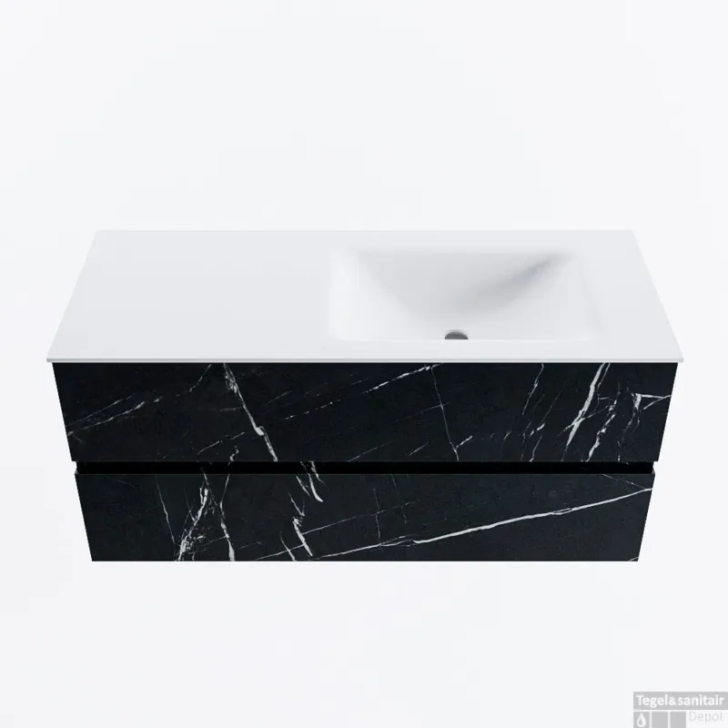 MONDIAZ VICA 110cm badmeubel onderkast Marquina 2 lades. Wastafel CLOUD rechts zonder kraangat, kleur Talc. Direct Beschikbaar