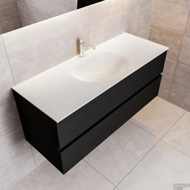 Badkamermeubel Solid Surface BWS Stockholm 120x45 cm Mat Zwart Urban Midden (1 kraangat) Korting
