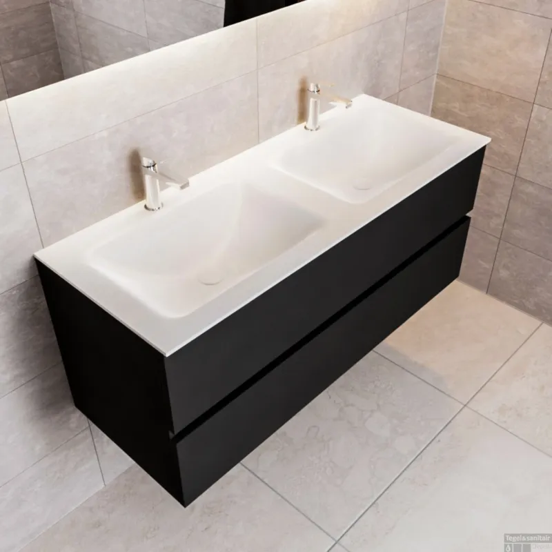 Badkamermeubel Solid Surface BWS Oslo 120x45 cm Mat Zwart Urban Dubbel (2 kraangaten) Koopje