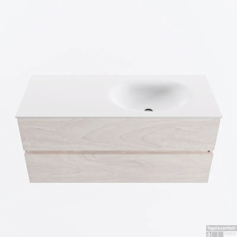 Korting MONDIAZ VICA 110cm badmeubel onderkast Underlayment 2 lades. Wastafel MOON rechts zonder kraangat, kleur Talc.