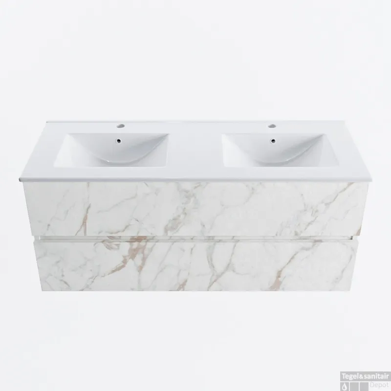 MONDIAZ VICA 120cm badmeubel onderkast Carrara 2 lades. Wastafel DENIA dubbel 2 kraangaten, kleur Glanzend Wit. Veilige Betaling