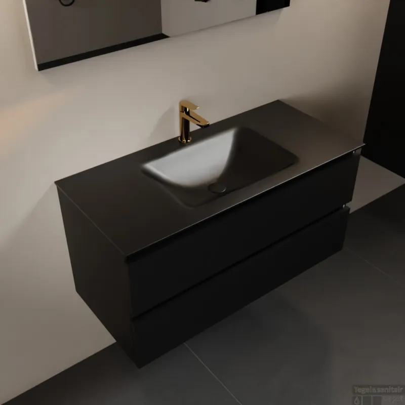 MONDIAZ AIVY 100cm badmeubel Urban, wastafel Urban solid surface midden 1 kraangat met spiegel (AI-351321URBAN-SI - AI-M100URMI - AI-S100X70) Fabrieksprijs