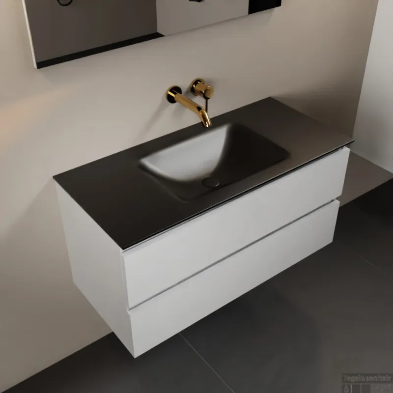 Beperkt Aanbod MONDIAZ AIVY 100cm badmeubel Talc, wastafel Urban solid surface midden zonder kraangat met spiegel (AI-351321URBAN-NO - AI-M100TAMI - AI-S100X70)