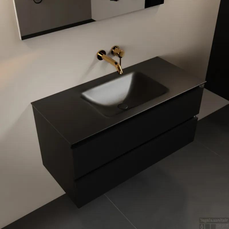 Voordeelprijs MONDIAZ AIVY 100cm badmeubel Urban, wastafel Urban solid surface midden zonder kraangat met spiegel (AI-351321URBAN-NO - AI-M100URMI - AI-S100X70)