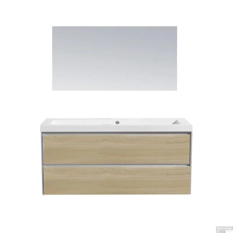 Badkamermeubel Sanilux PL 120 Greeploos Incl Spiegel En Wastafel Light Wood Multiplex 120x47x50 cm Veilige Betaling