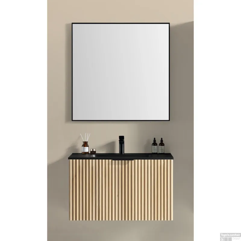 Snelle Levering Badkamermeubelset Wiesbaden Ribbella 100 Cm Naturel Eik Mat Zwart