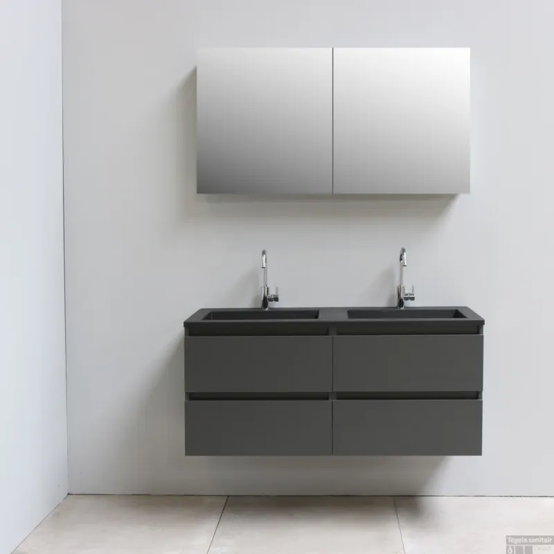 Korting Badkamermeubel BWS Pepper Wastafel Acryl Mat Zwart Incl Spiegelkast 2 Deurs Met 2 Krgtn 120x55x46 cm Antraciet