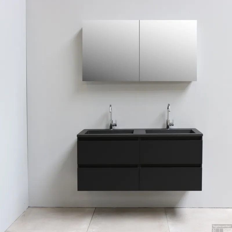 Badkamermeubel BWS Pepper Wastafel Acryl Mat Zwart Incl Spiegelkast 2 Deurs Met 2 Krgtn 120x55x46 cm Mat Zwart Speciale Aanbieding
