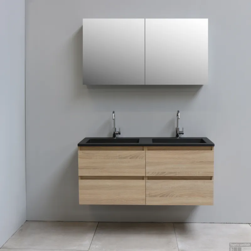 Beste Prijs Badkamermeubel BWS Pepper Wastafel Acryl Mat Zwart Incl Spiegelkast 2 Deurs Met 2 Krgtn 120x55x46 cm Eiken