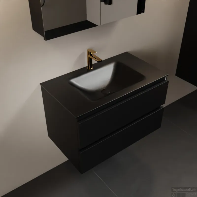 MONDIAZ AIVY 80cm badmeubel Urban, wastafel Urban solid surface midden 1 kraangat met spiegelkast (AI-351171URBAN-SI - AI-M80URMI - AI-C80URMI) Aanbieding